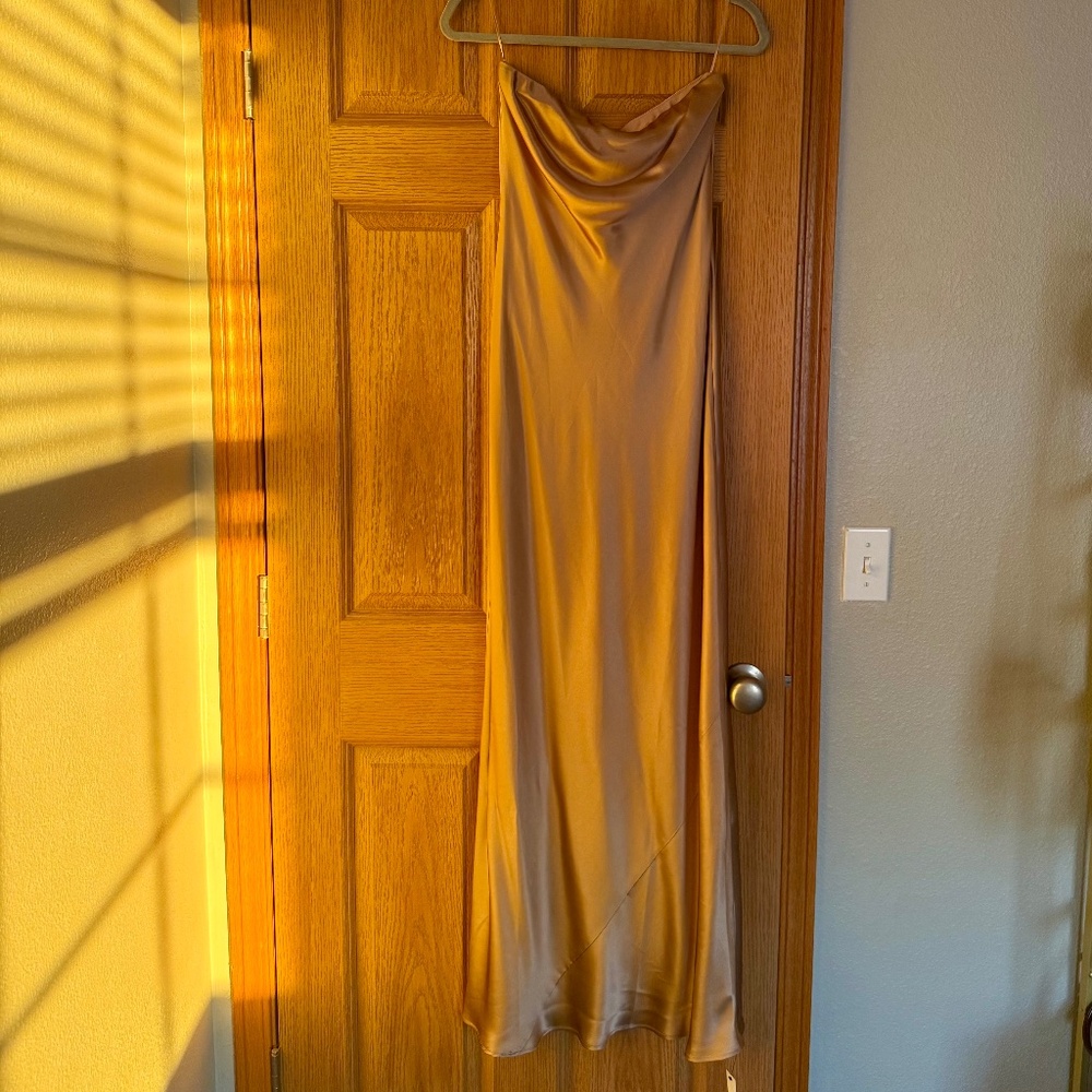 Reformation Satin Strapless Midi Dress in Rose Gold - Picture 2 of 9